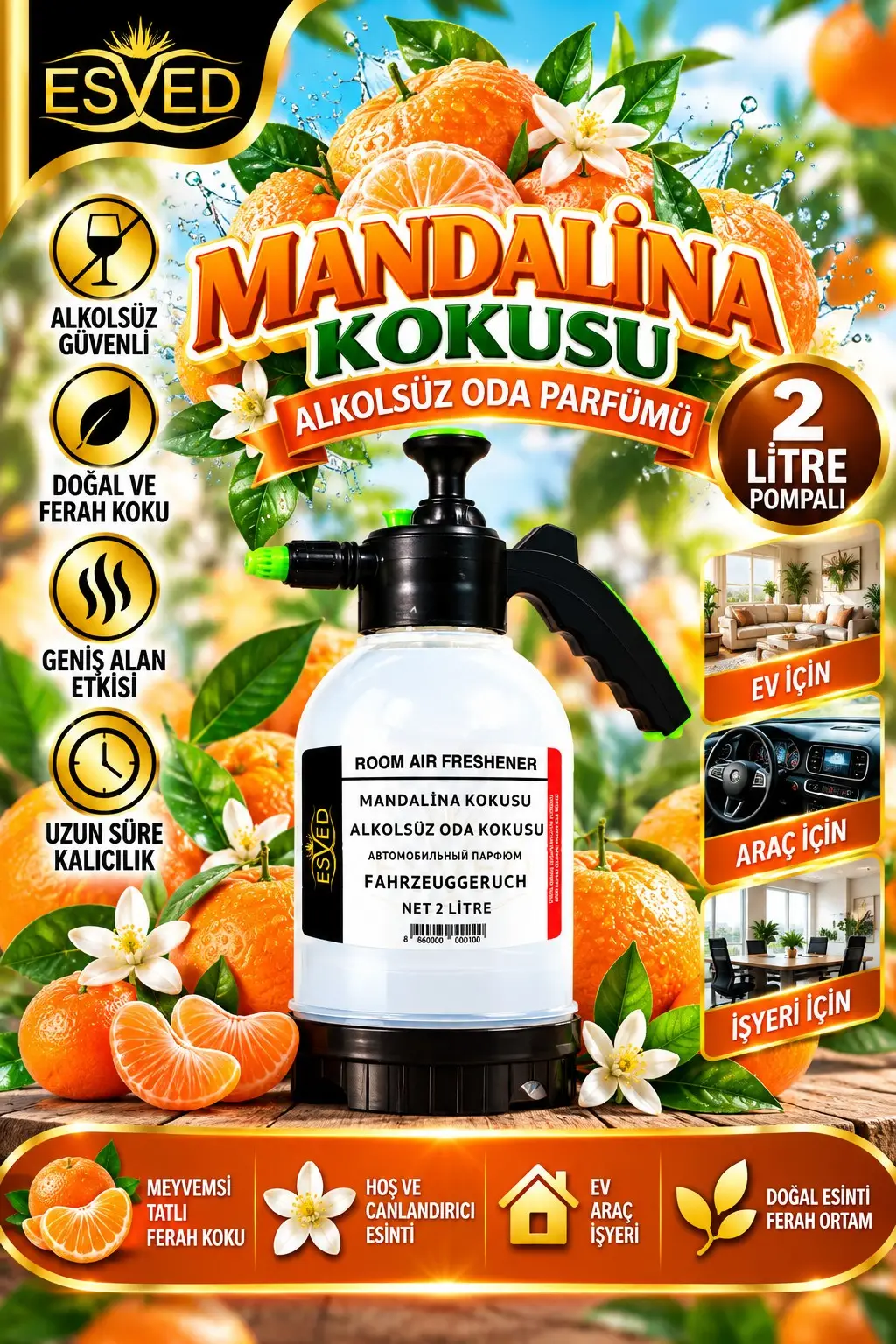 Mandalina Kokusu Alkolsüz Oda Parfümü, 2 Litre Pompalı Ortam Kokusu Araç, Ev ve İşyeri Kokusu