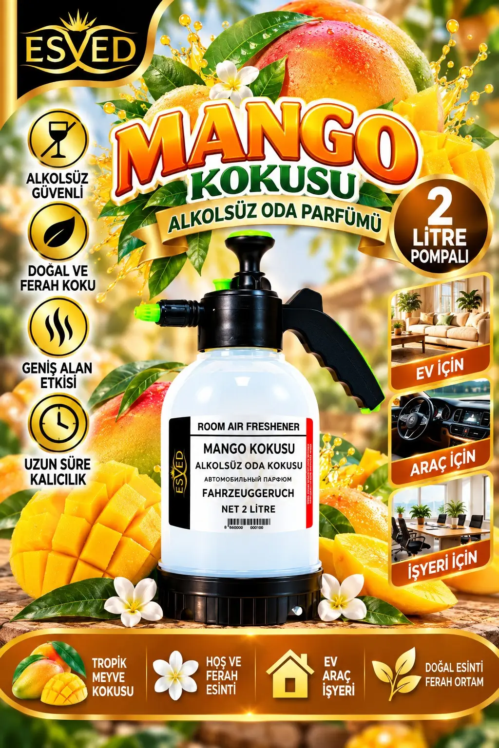 Mango Kokusu Alkolsüz Oda Parfümü, 2 Litre Pompalı Ortam Kokusu Araç, Ev ve İşyeri Kokusu