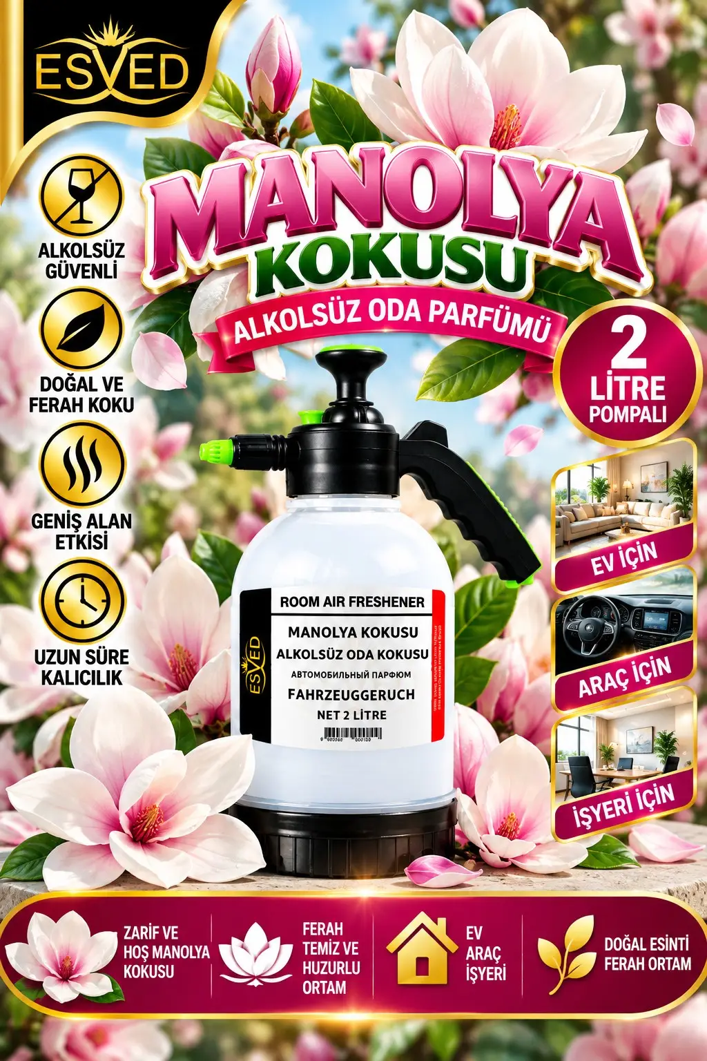 Manolya Kokusu Alkolsüz Oda Parfümü, 2 Litre Pompalı Ortam Kokusu Araç, Ev ve İşyeri Kokusu