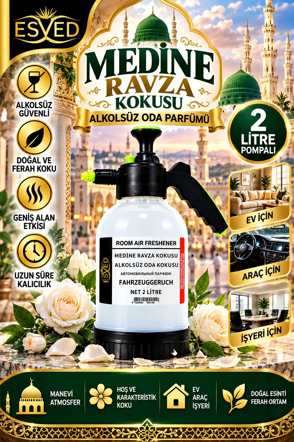 Medine Ravza Kokusu Alkolsüz Oda Parfümü, 2 Litre Pompalı Ortam Kokusu Araç, Ev ve İşyeri Kokusu