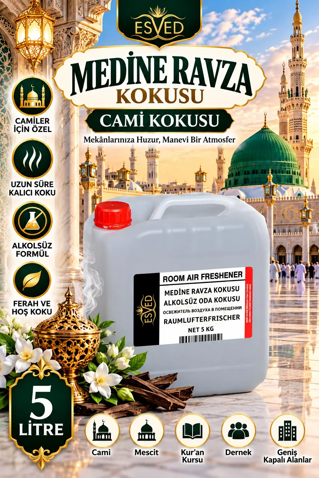 Medine Ravza Kokusu Alkolsüz Oda Parfümü, Ortam Kokusu, Araç ve Ev Kokusu 5 Litre