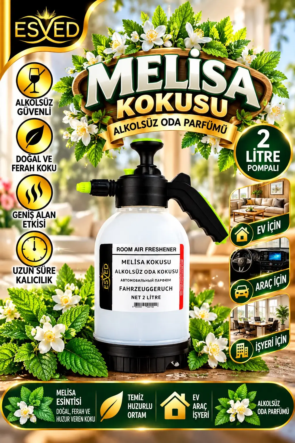 Melisa Kokusu Alkolsüz Oda Parfümü, 2 Litre Pompalı Ortam Kokusu Araç, Ev ve İşyeri Kokusu