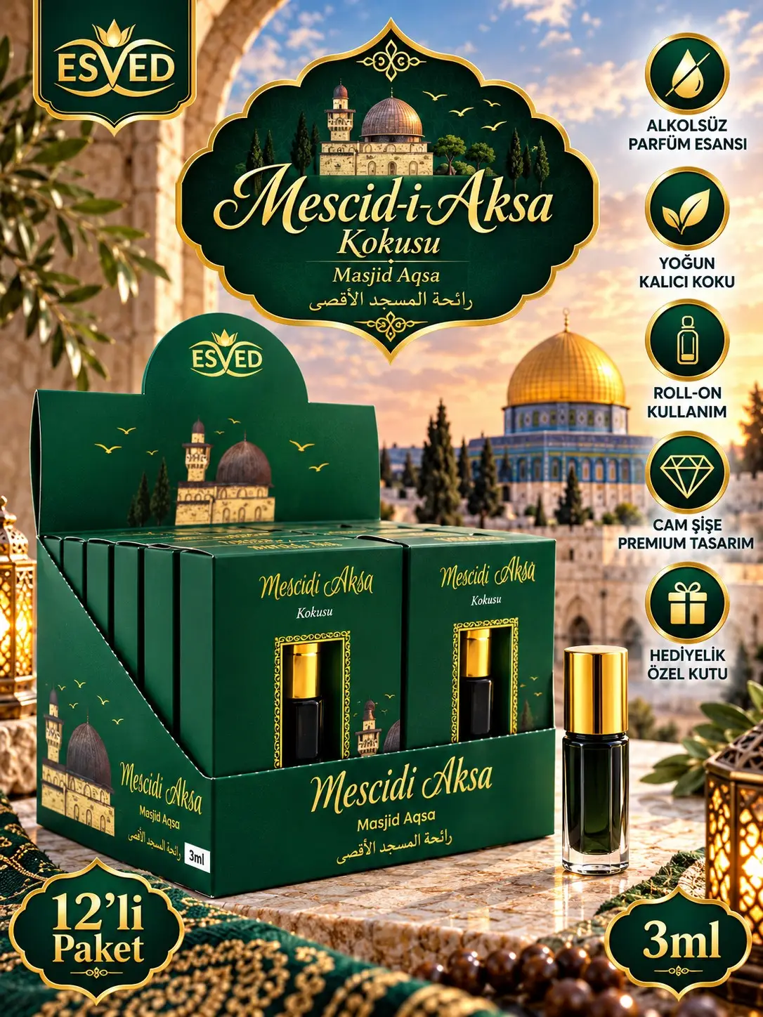 Mescidi Aksa Kokusu Alkolsüz Esans 3ml 12li Paket