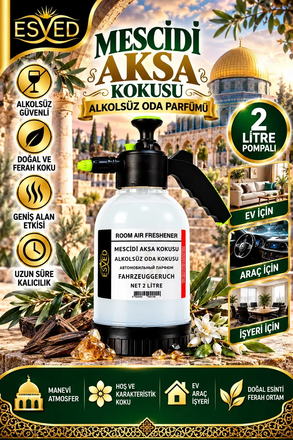 Mescidi Aksa Kokusu Alkolsüz Oda Parfümü, 2 Litre Pompalı Ortam Kokusu Araç, Ev ve İşyeri Kokusu