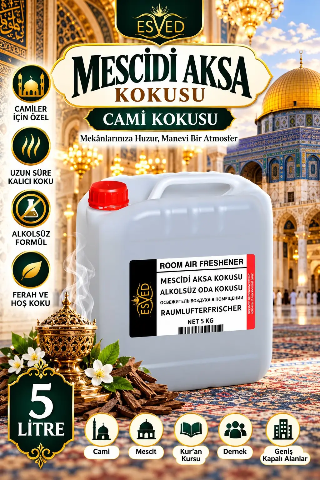 Mescidi Aksa Kokusu Alkolsüz Oda Parfümü, Ortam Kokusu, Araç ve Ev Kokusu 5 Litre