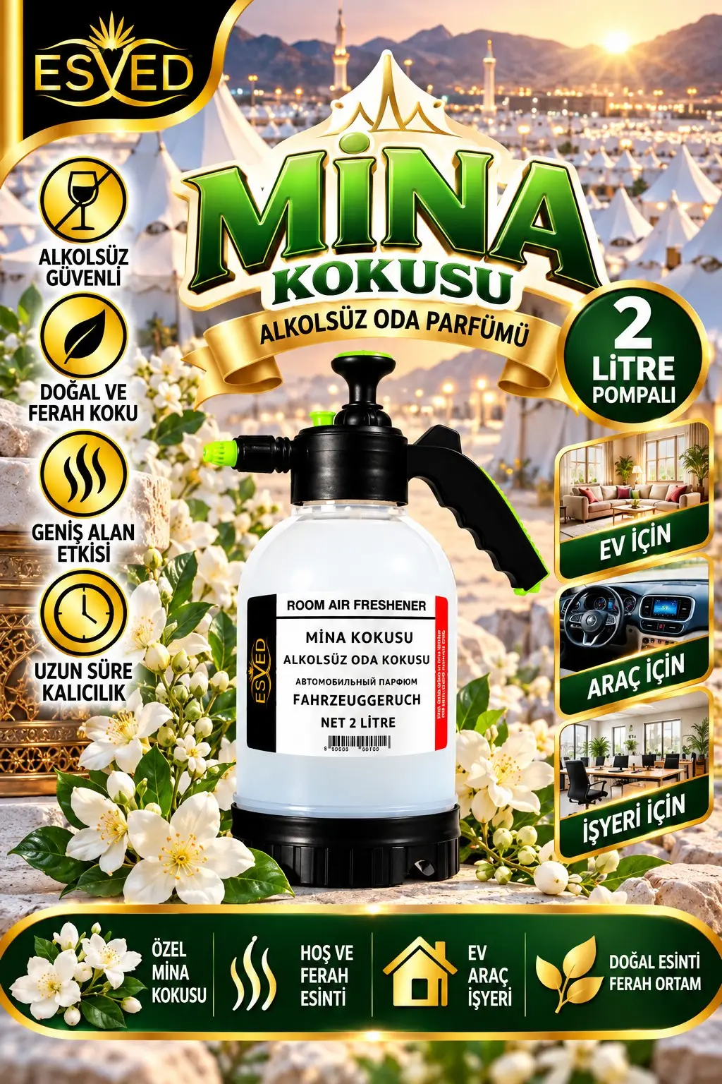 Mina Kokusu Alkolsüz Oda Parfümü, 2 Litre Pompalı Ortam Kokusu Araç, Ev ve İşyeri Kokusu