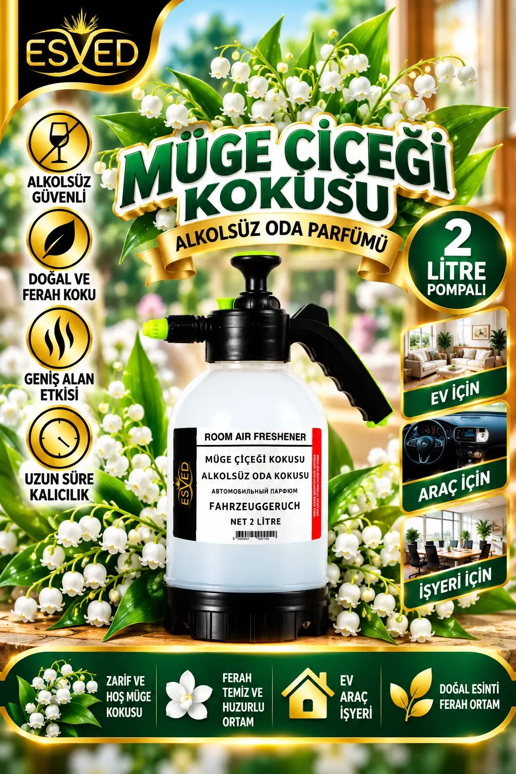 Müğe Çiçeği Kokusu Alkolsüz Oda Parfümü, 2 Litre Pompalı Ortam Kokusu Araç, Ev ve İşyeri Kokusu