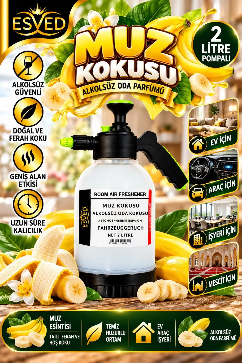 Muz Kokusu Alkolsüz Oda Parfümü, 2 Litre Pompalı Ortam Kokusu Araç, Ev ve İşyeri Kokusu