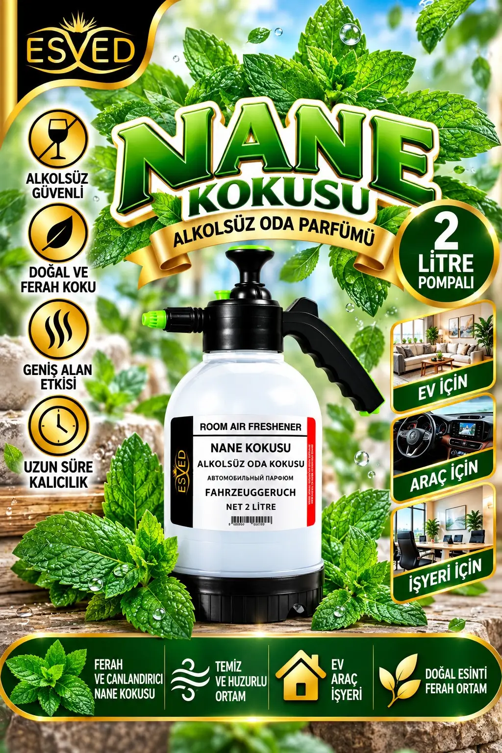 Nane Kokusu Alkolsüz Oda Parfümü, 2 Litre Pompalı Ortam Kokusu Araç, Ev ve İşyeri Kokusu