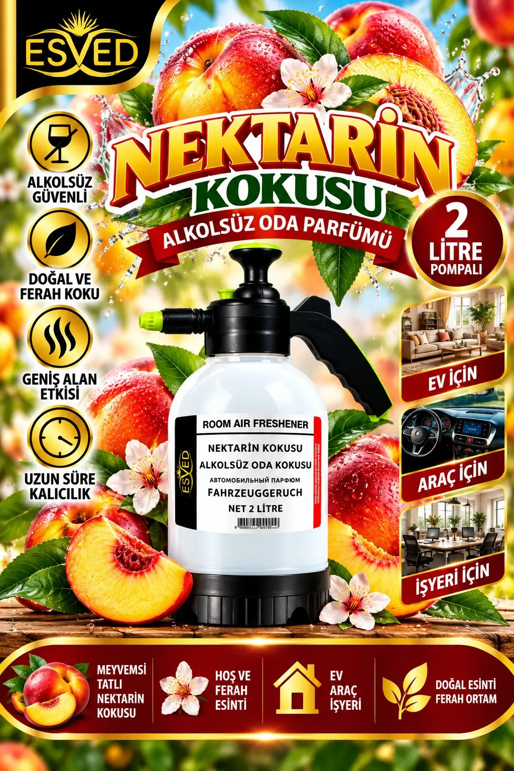 Nektarin Kokusu Alkolsüz Oda Parfümü, 2 Litre Pompalı Ortam Kokusu Araç, Ev ve İşyeri Kokusu