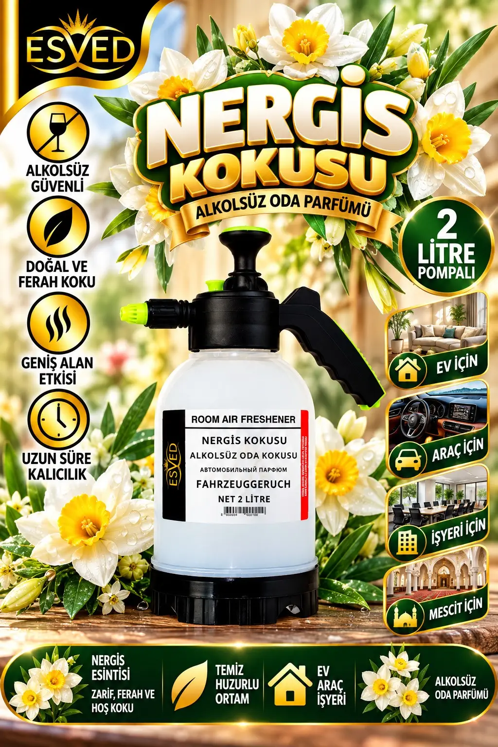 Nergis Kokusu Alkolsüz Oda Parfümü, 2 Litre Pompalı Ortam Kokusu Araç, Ev ve İşyeri Kokusu