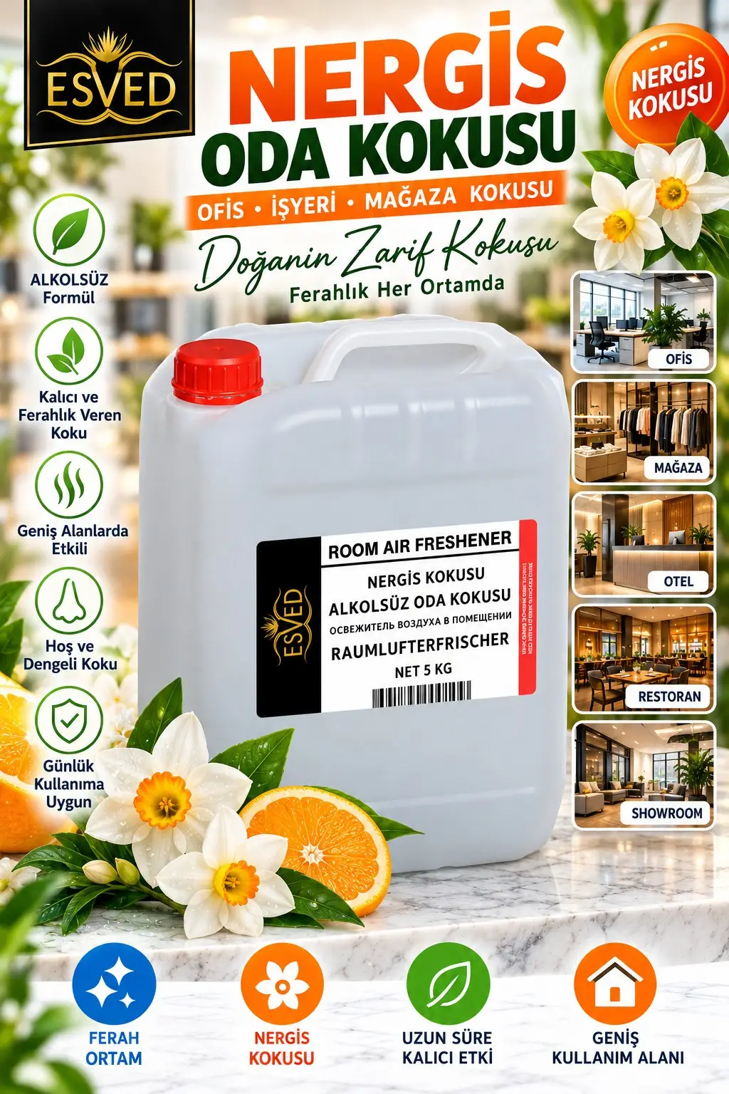 Nergis Kokusu Alkolsüz Ofis Ve işyeri Kokusu 5 Litre Nergis Kokusu Alkolsüz Ofis Ve işyeri Kokusu 5 Litre