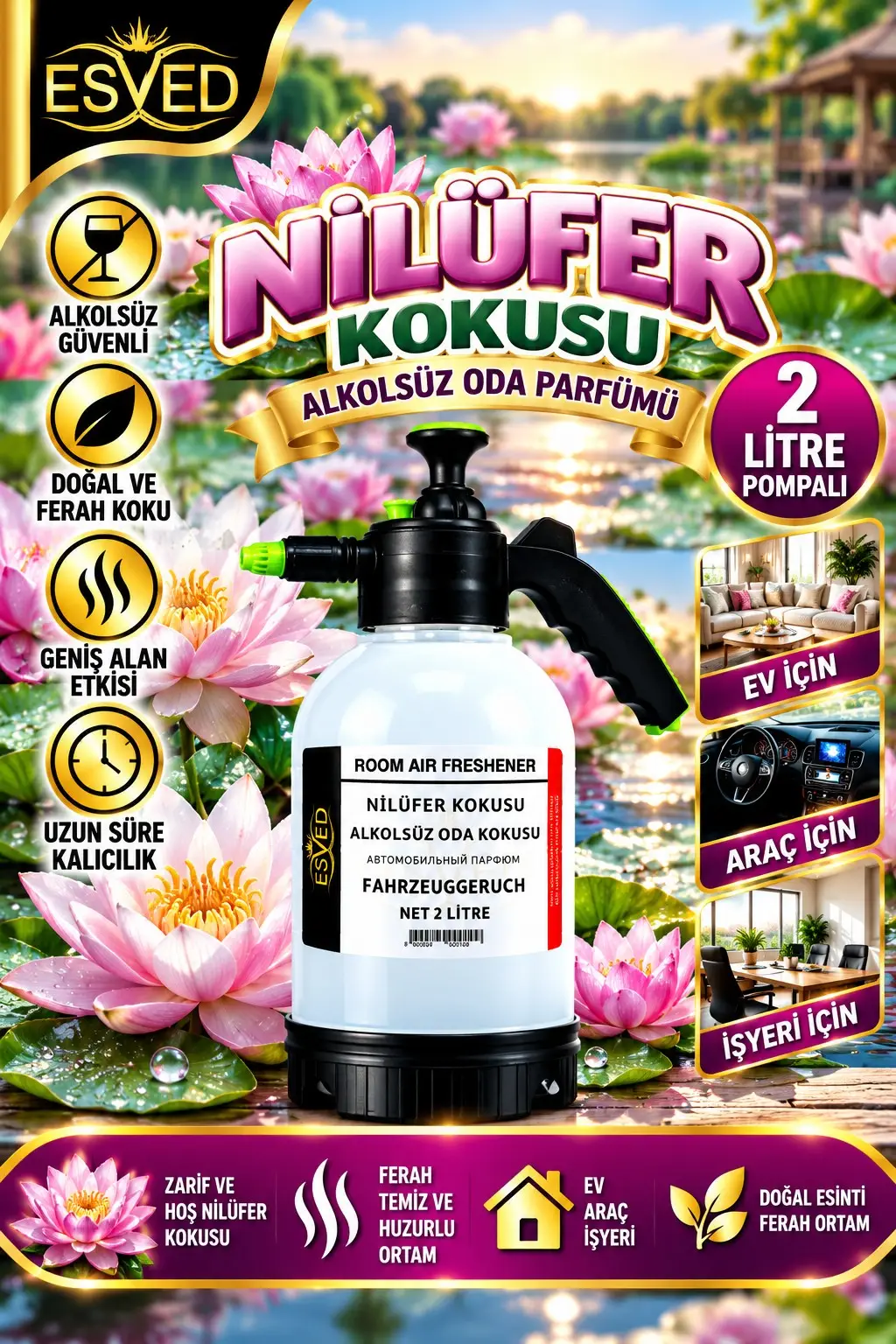Nilüfer Kokusu Alkolsüz Oda Parfümü, 2 Litre Pompalı Ortam Kokusu Araç, Ev ve İşyeri Kokusu