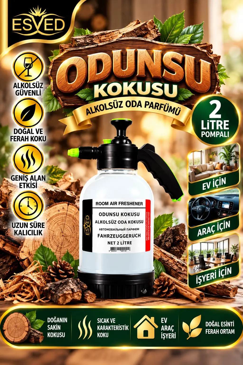 Odunsu Kokusu Alkolsüz Oda Parfümü, 2 Litre Pompalı Ortam Kokusu Araç, Ev ve İşyeri Kokusu
