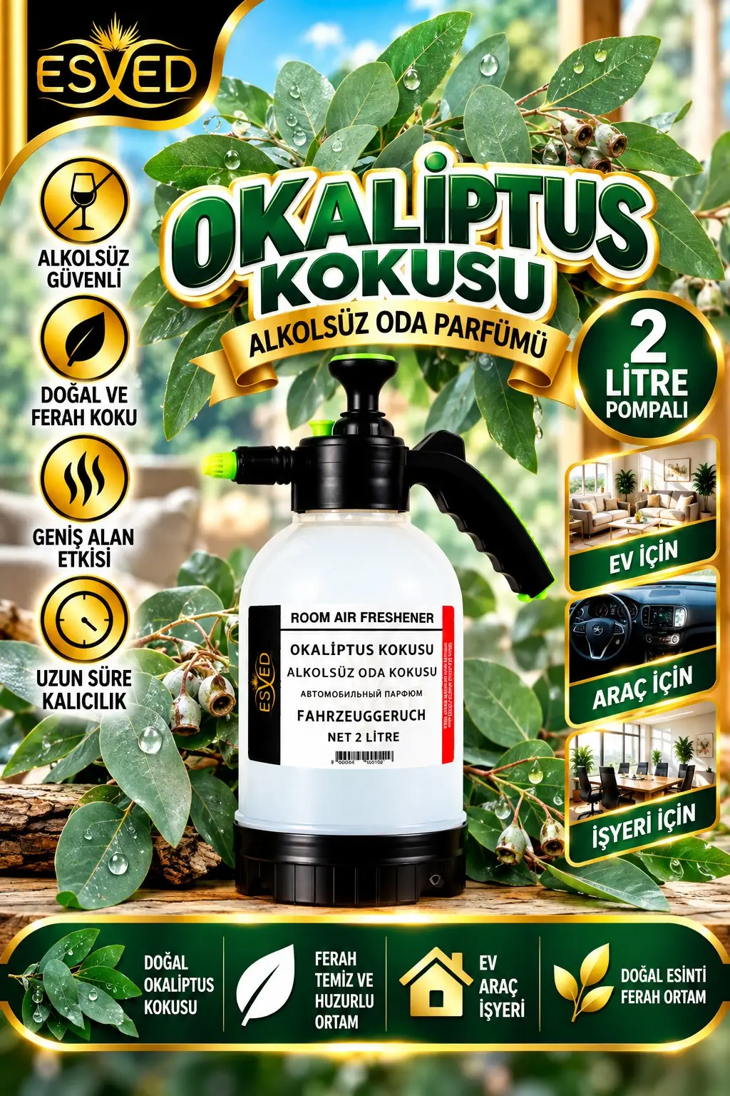 Okaliptus Kokusu Alkolsüz Oda Parfümü, 2 Litre Pompalı Ortam Kokusu Araç, Ev ve İşyeri Kokusu