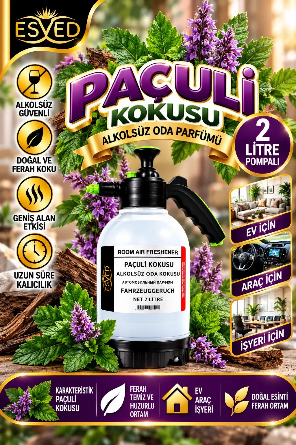 Paçuli Kokusu Alkolsüz Oda Parfümü, 2 Litre Pompalı Ortam Kokusu Araç, Ev ve İşyeri Kokusu