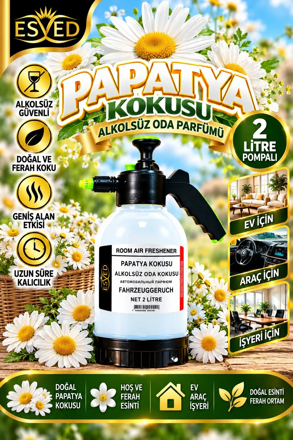 Papatya Kokusu Alkolsüz Oda Parfümü, 2 Litre Pompalı Ortam Kokusu Araç, Ev ve İşyeri Kokusu