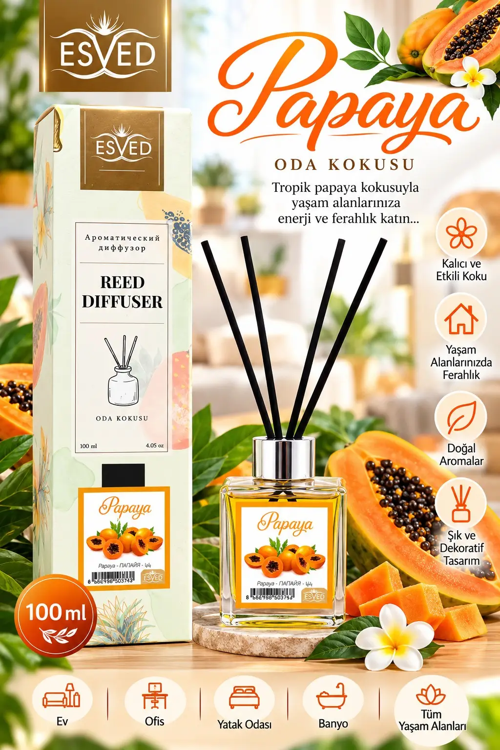 Papaya Kokusu 100 Ml Çubuklu Oda Kokusu Papaya Kokusu 100 Ml Çubuklu Oda Kokusu