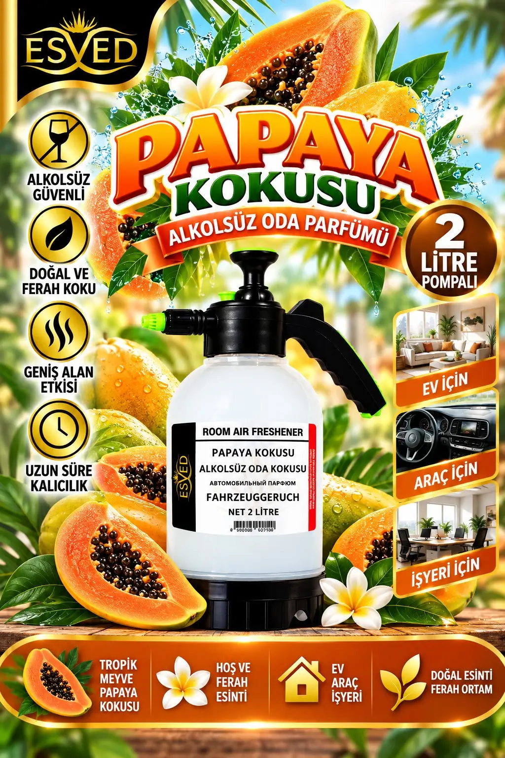 Papaya Kokusu Alkolsüz Oda Parfümü, 2 Litre Pompalı Ortam Kokusu Araç, Ev ve İşyeri Kokusu