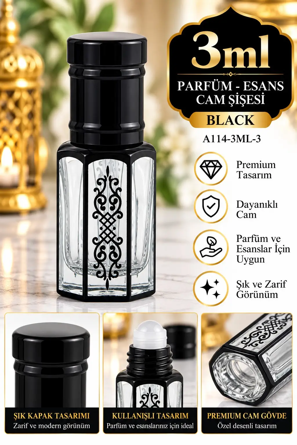 Parfüm Esans Cam Şişesi Black Boş Esans Şişesi 3 Ml. Premium A114-3ML-3