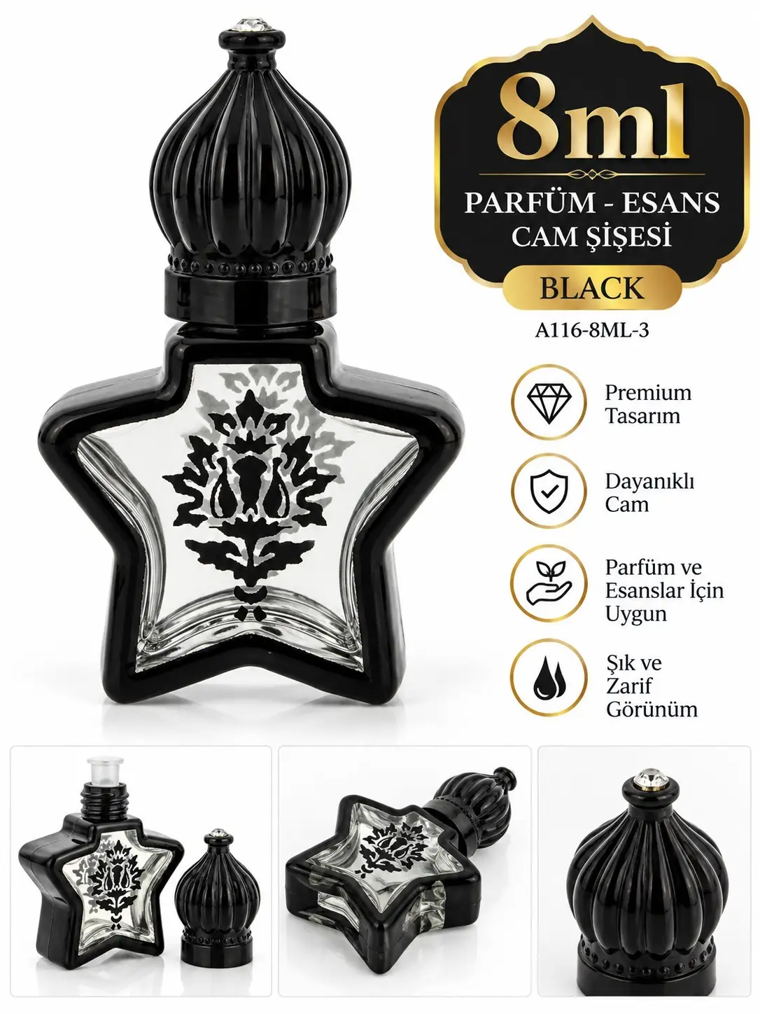 Parfüm Esans Cam Şişesi Black Boş Esans Şişesi 8 Ml. Premium A116-8ML-3