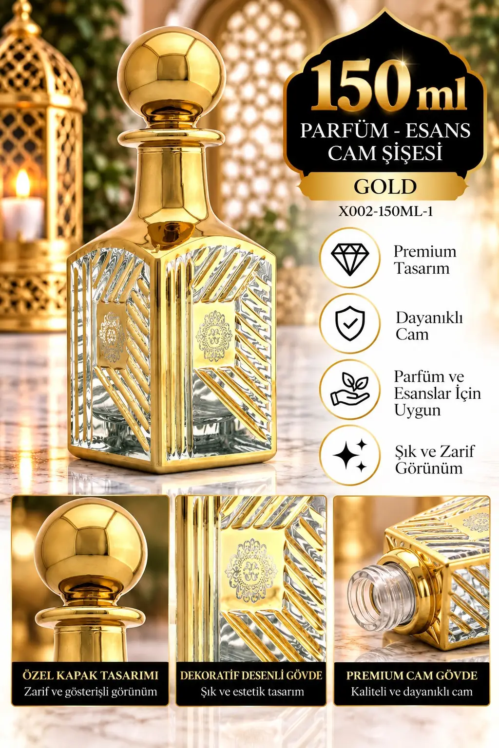 Parfüm Esans Cam Şişesi Gold Boş Esans Cam Şişesi Dekorotif Vitrin Şişesi 150 Ml. X002-150ML-1 Parfüm Esans Cam Şişesi Gold Boş Esans Cam Şişesi Dekorotif Vitrin Şişesi 150 Ml. X002-150ML-1