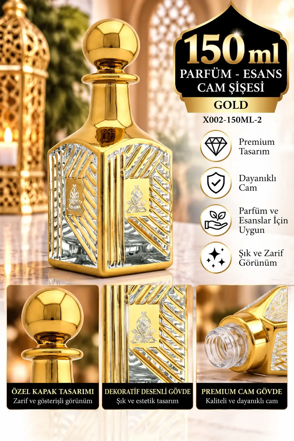 Parfüm Esans Cam Şişesi Gold Boş Esans Cam Şişesi Dekorotif Vitrin Şişesi 150 Ml. X002-150ML-2