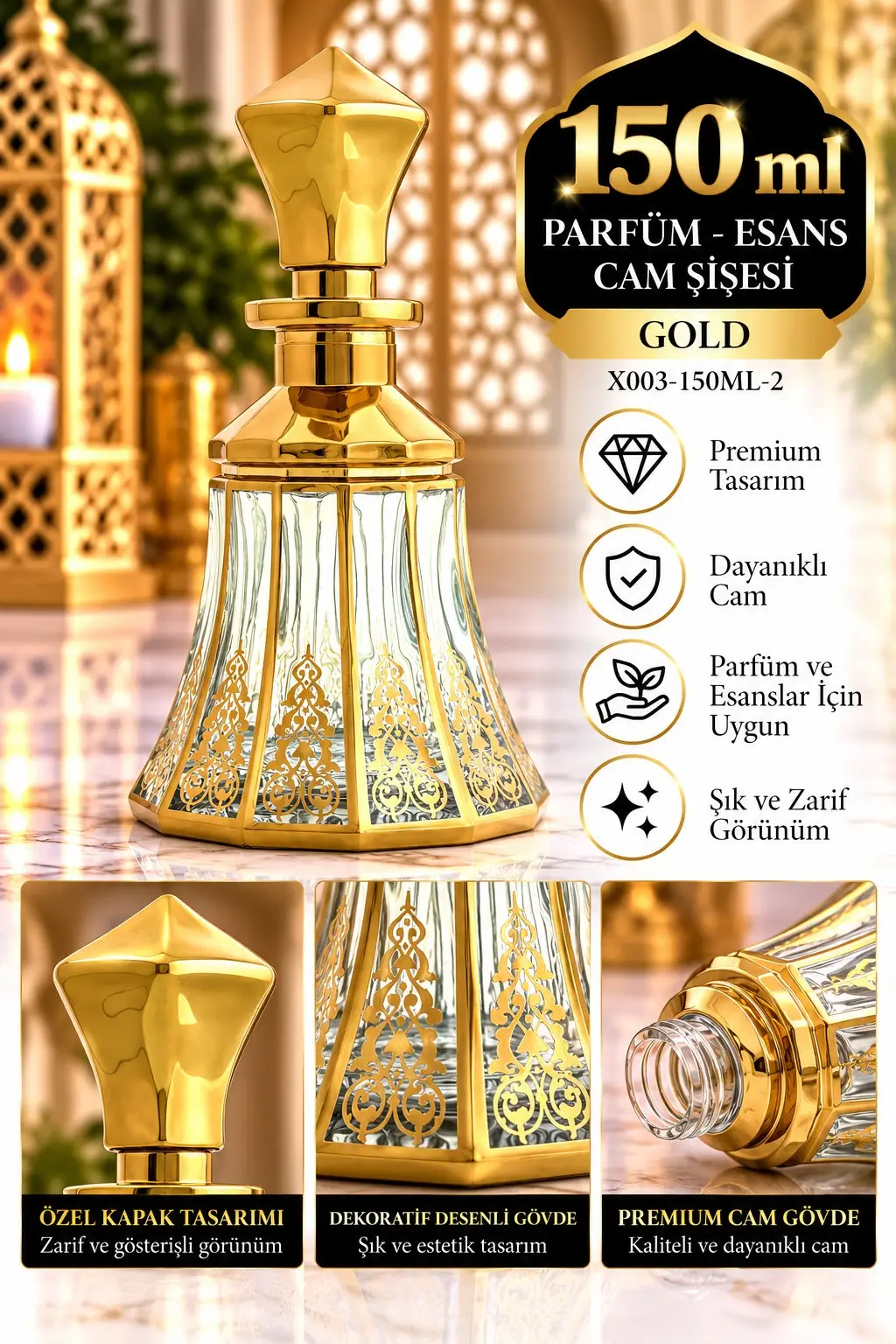 Parfüm Esans Cam Şişesi Gold Boş Esans Cam Şişesi Dekorotif Vitrin Şişesi 150 Ml. X003-150ML-2 Parfüm Esans Cam Şişesi Gold Boş Esans Cam Şişesi Dekorotif Vitrin Şişesi 150 Ml. X003-150ML-2