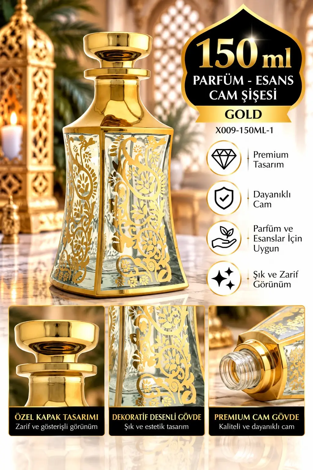 Parfüm Esans Cam Şişesi Gold Boş Esans Cam Şişesi Dekorotif Vitrin Şişesi 150 Ml. X009-150ML-1