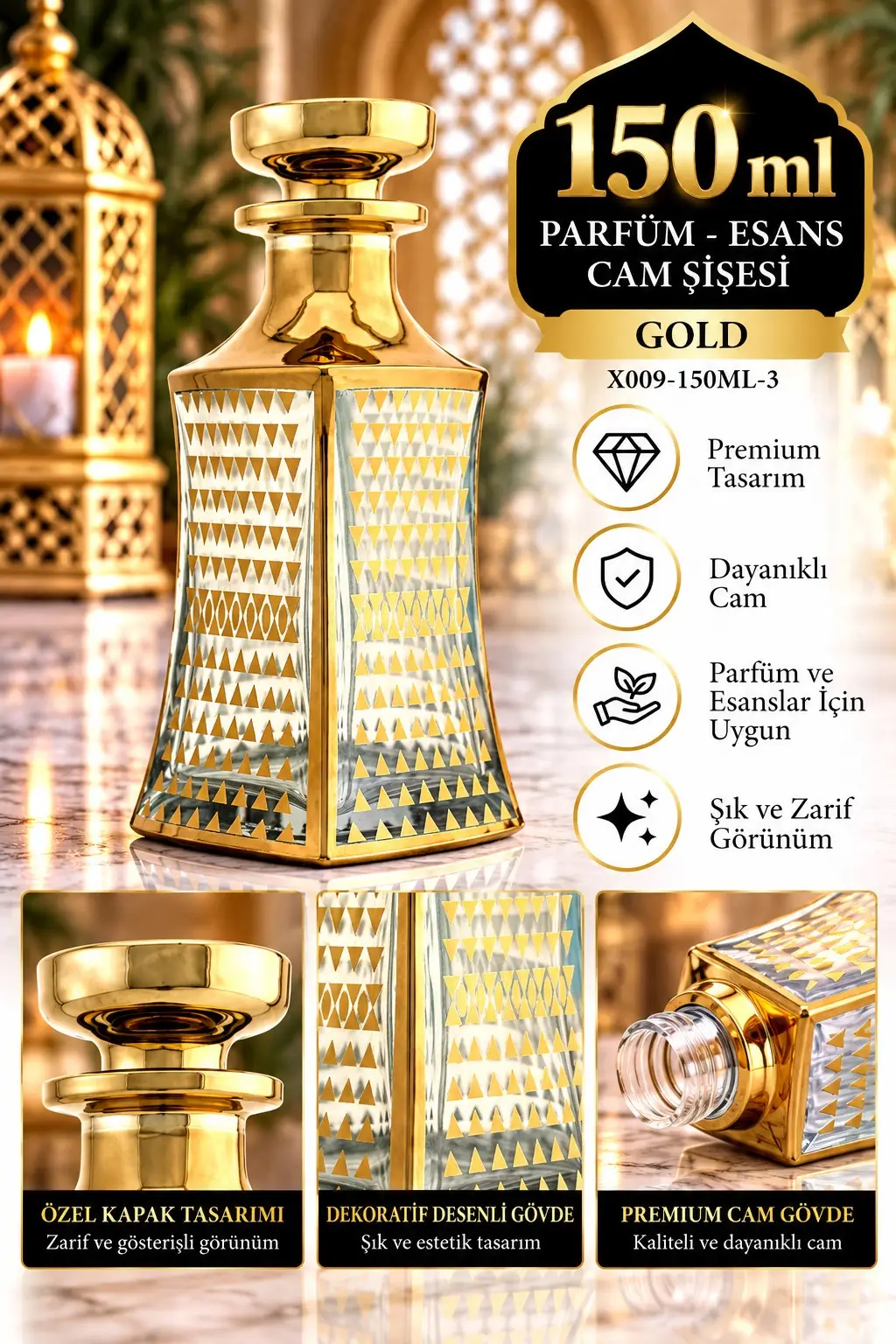 Parfüm Esans Cam Şişesi Gold Boş Esans Cam Şişesi Dekorotif Vitrin Şişesi 150 Ml. X009-150ML-3 Parfüm Esans Cam Şişesi Gold Boş Esans Cam Şişesi Dekorotif Vitrin Şişesi 150 Ml. X009-150ML-3