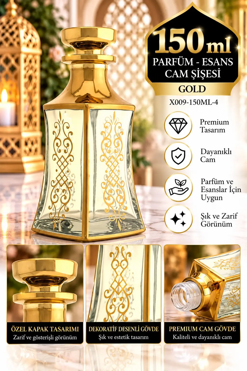 Parfüm Esans Cam Şişesi Gold Boş Esans Cam Şişesi Dekorotif Vitrin Şişesi 150 Ml. X009-150ML-4