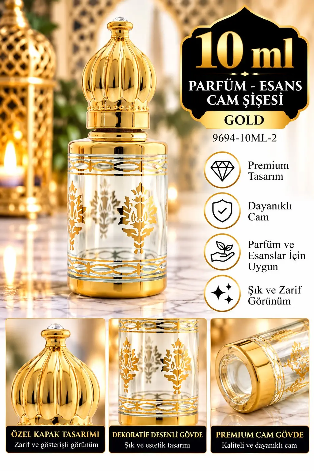 Parfüm Esans Cam Şişesi Gold Boş Esans Şişesi 10 Ml. Premium 9694-10ML-2