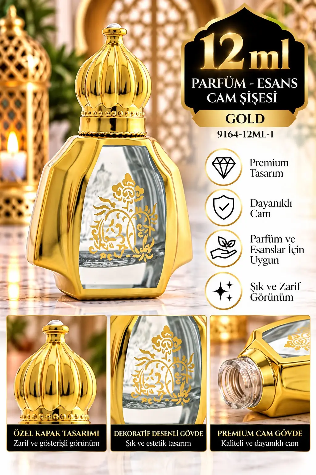 Parfüm Esans Cam Şişesi Gold Boş Esans Şişesi 12 Ml. Premium 9164-12ML-1
