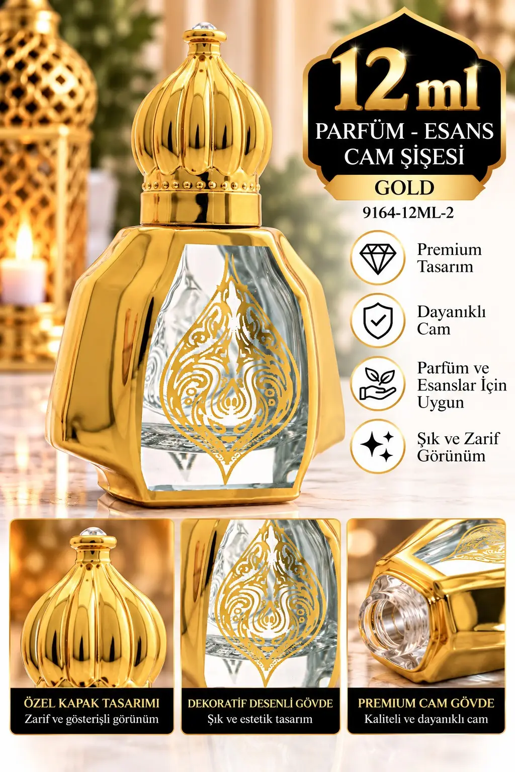 Parfüm Esans Cam Şişesi Gold Boş Esans Şişesi 12 Ml. Premium 9164-12ML-2