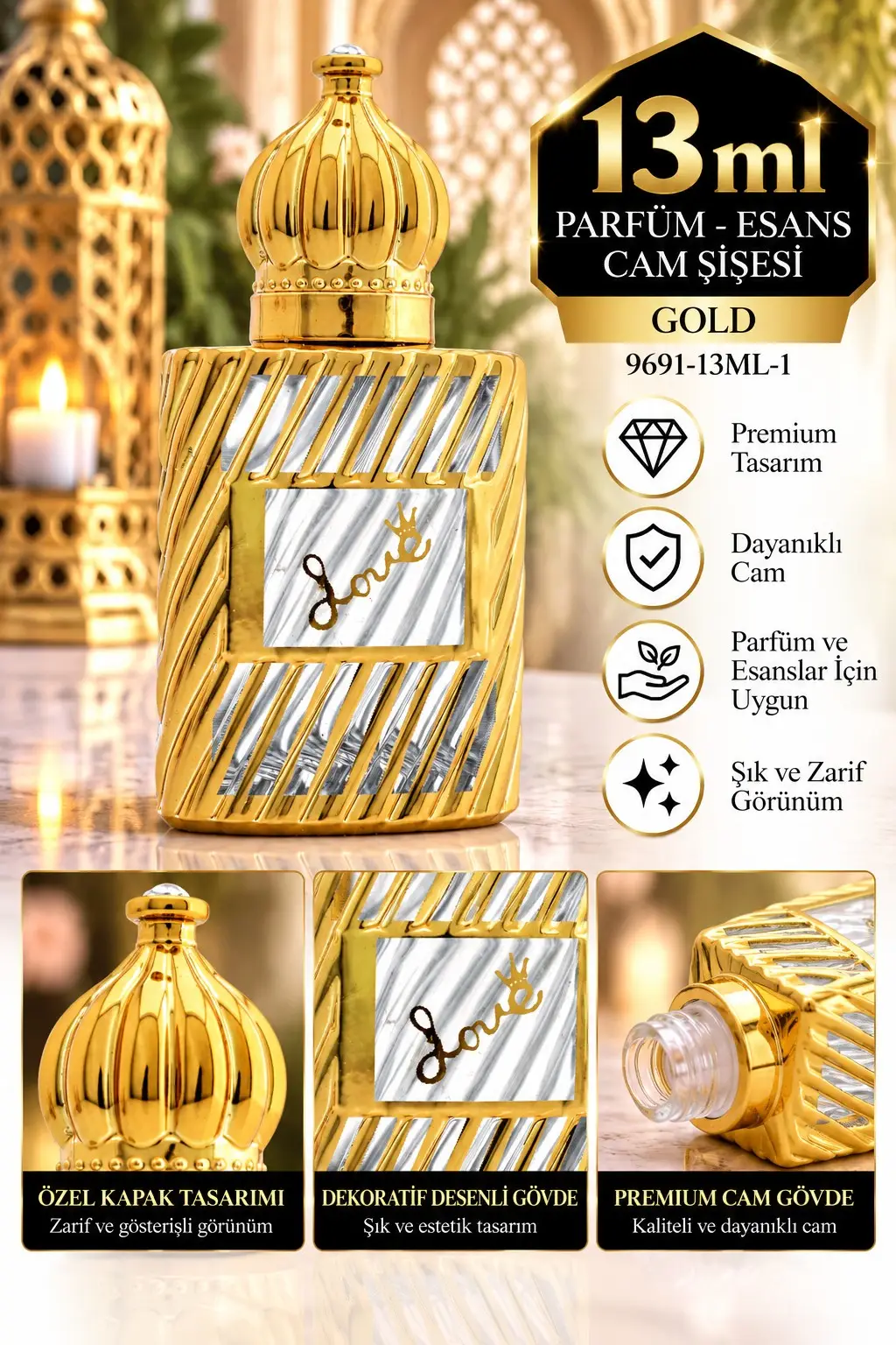 Parfüm Esans Cam Şişesi Gold Boş Esans Şişesi 13 Ml. Premium 9691-13ML-1 Parfüm Esans Cam Şişesi Gold Boş Esans Şişesi 13 Ml. Premium 9691-13ML-1