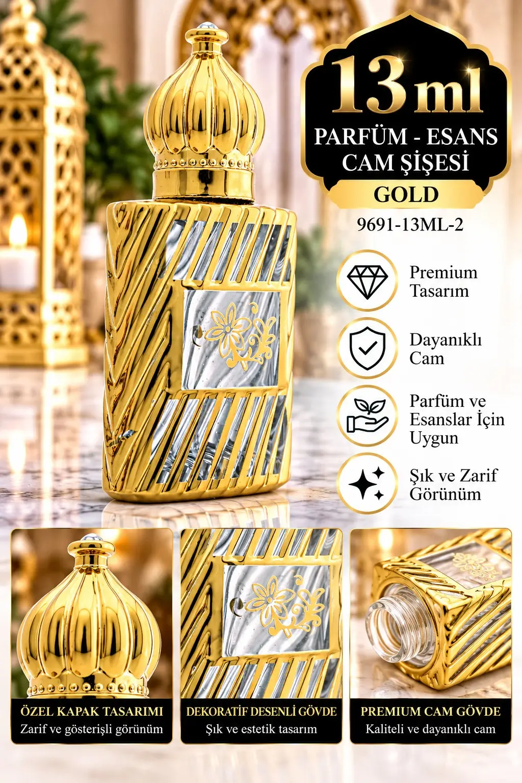 Parfüm Esans Cam Şişesi Gold Boş Esans Şişesi 13 Ml. Premium 9691-13ML-2 Parfüm Esans Cam Şişesi Gold Boş Esans Şişesi 13 Ml. Premium 9691-13ML-2