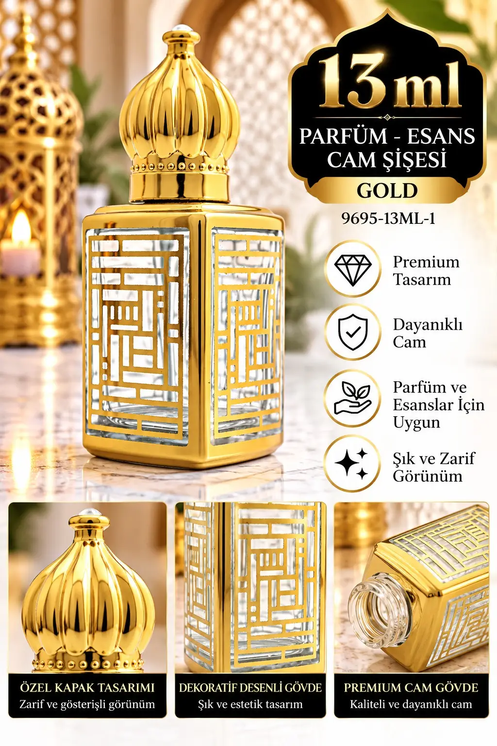 Parfüm Esans Cam Şişesi Gold Boş Esans Şişesi 13 Ml. Premium 9695-13ML-1