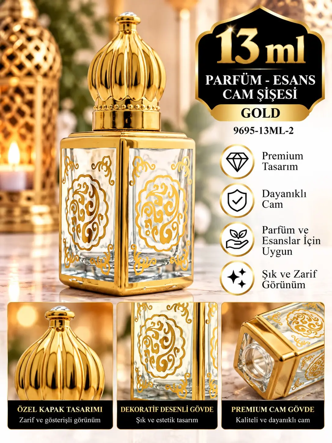 Parfüm Esans Cam Şişesi Gold Boş Esans Şişesi 13 Ml. Premium 9695-13ML-2