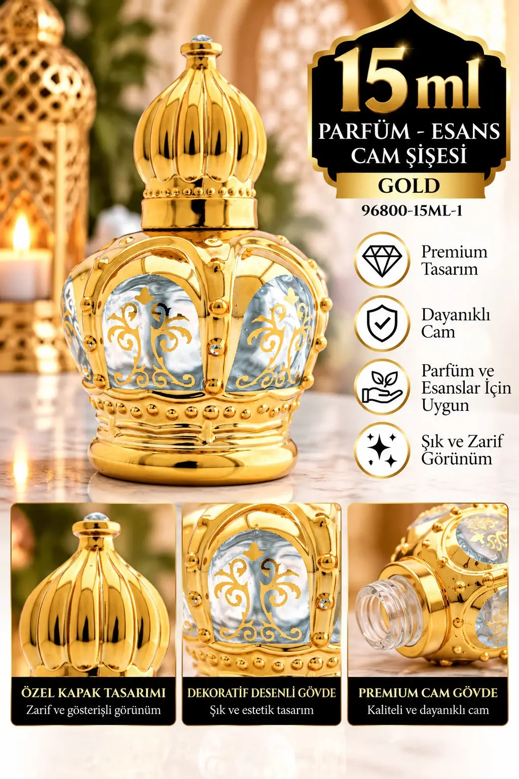 Parfüm Esans Cam Şişesi Gold Boş Esans Şişesi 15 Ml. Premium 96800-15ML-1