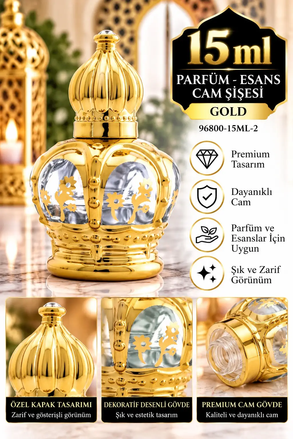 Parfüm Esans Cam Şişesi Gold Boş Esans Şişesi 15 Ml. Premium 96800-15ML-2