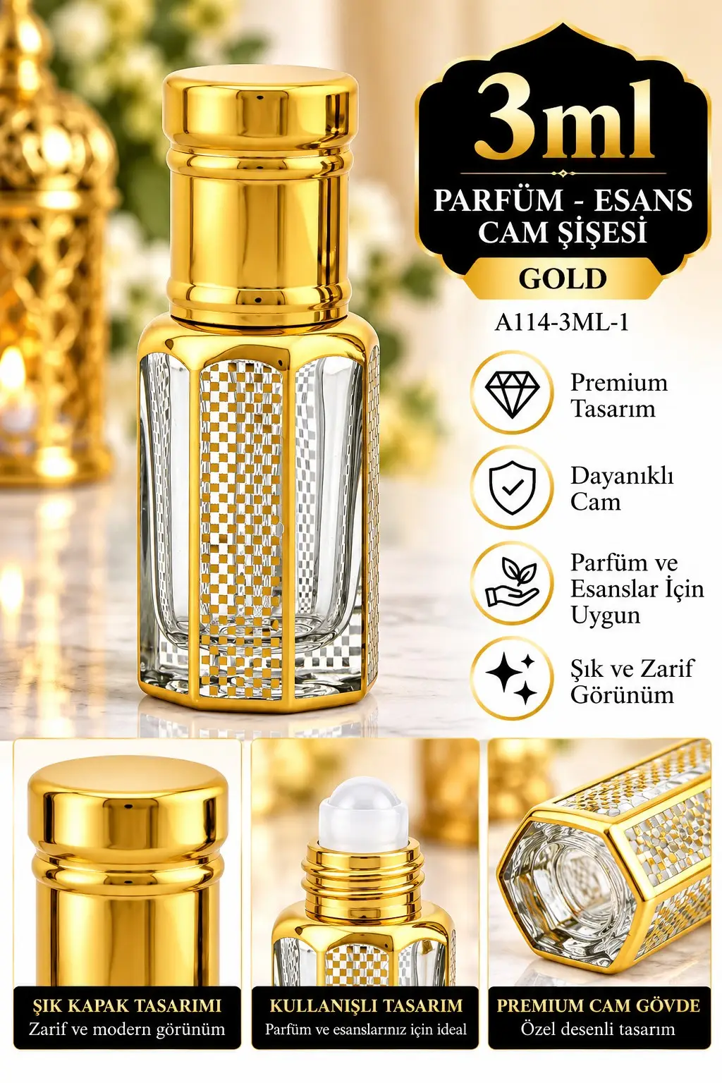 Parfüm Esans Cam Şişesi Gold Boş Esans Şişesi 3 Ml. Premium A114-3ML-1