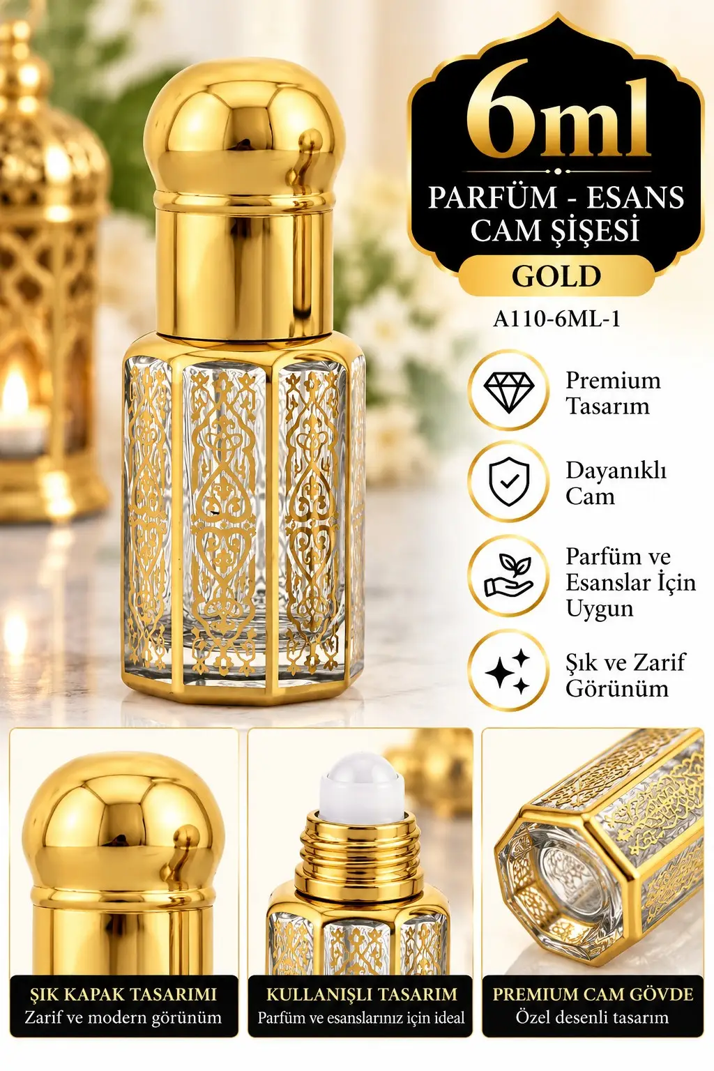 Parfüm Esans Cam Şişesi Gold Boş Esans Şişesi 6 Ml. Premium A110-6ML-1 Parfüm Esans Cam Şişesi Gold Boş Esans Şişesi 6 Ml. Premium A110-6ML-1