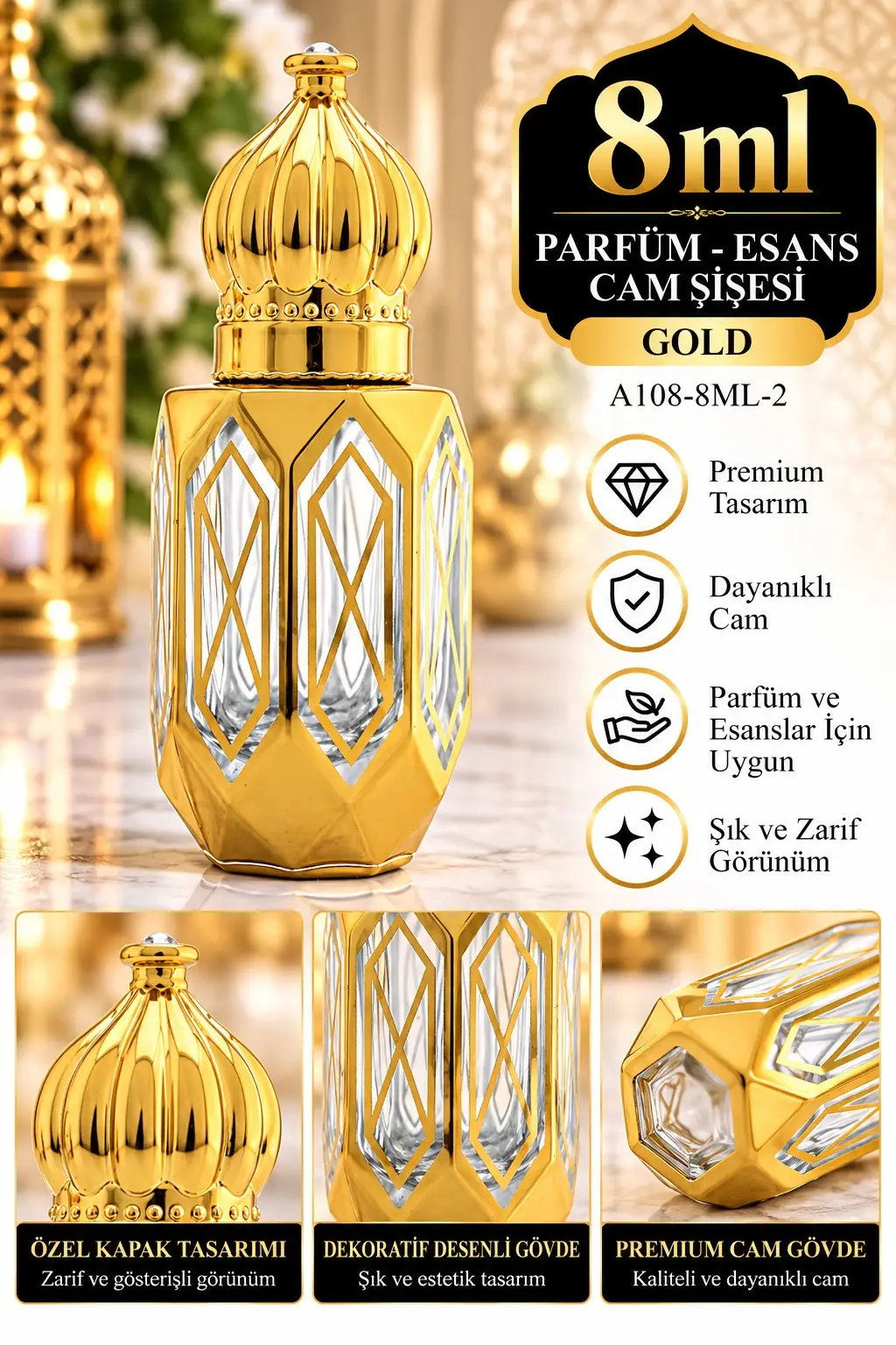 Parfüm Esans Cam Şişesi Gold Boş Esans Şişesi 8 Ml. Premium A108-8ML-2 Parfüm Esans Cam Şişesi Gold Boş Esans Şişesi 8 Ml. Premium A108-8ML-2