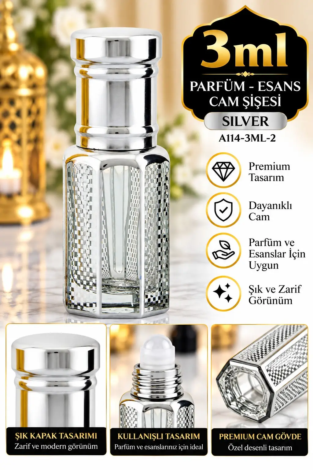 Parfüm Esans Cam Şişesi Silver Boş Esans Şişesi 3 Ml. Premium A114-3ML-2