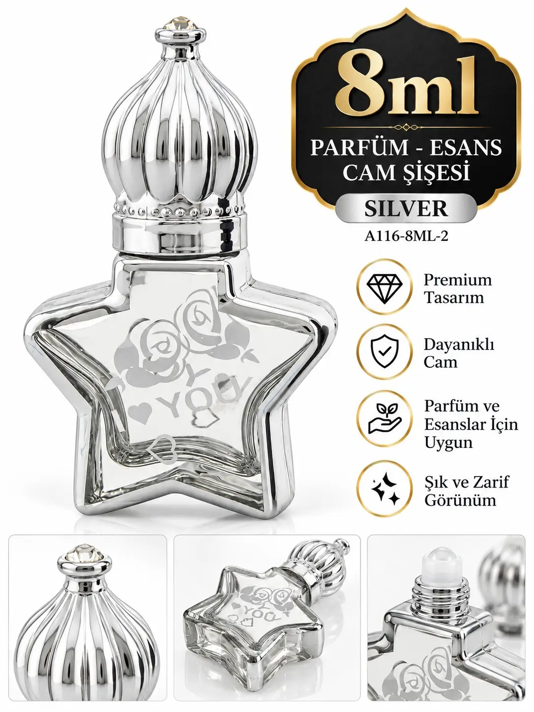 Parfüm Esans Cam Şişesi Silver Boş Esans Şişesi 8 Ml. Premium A116-8ML-2