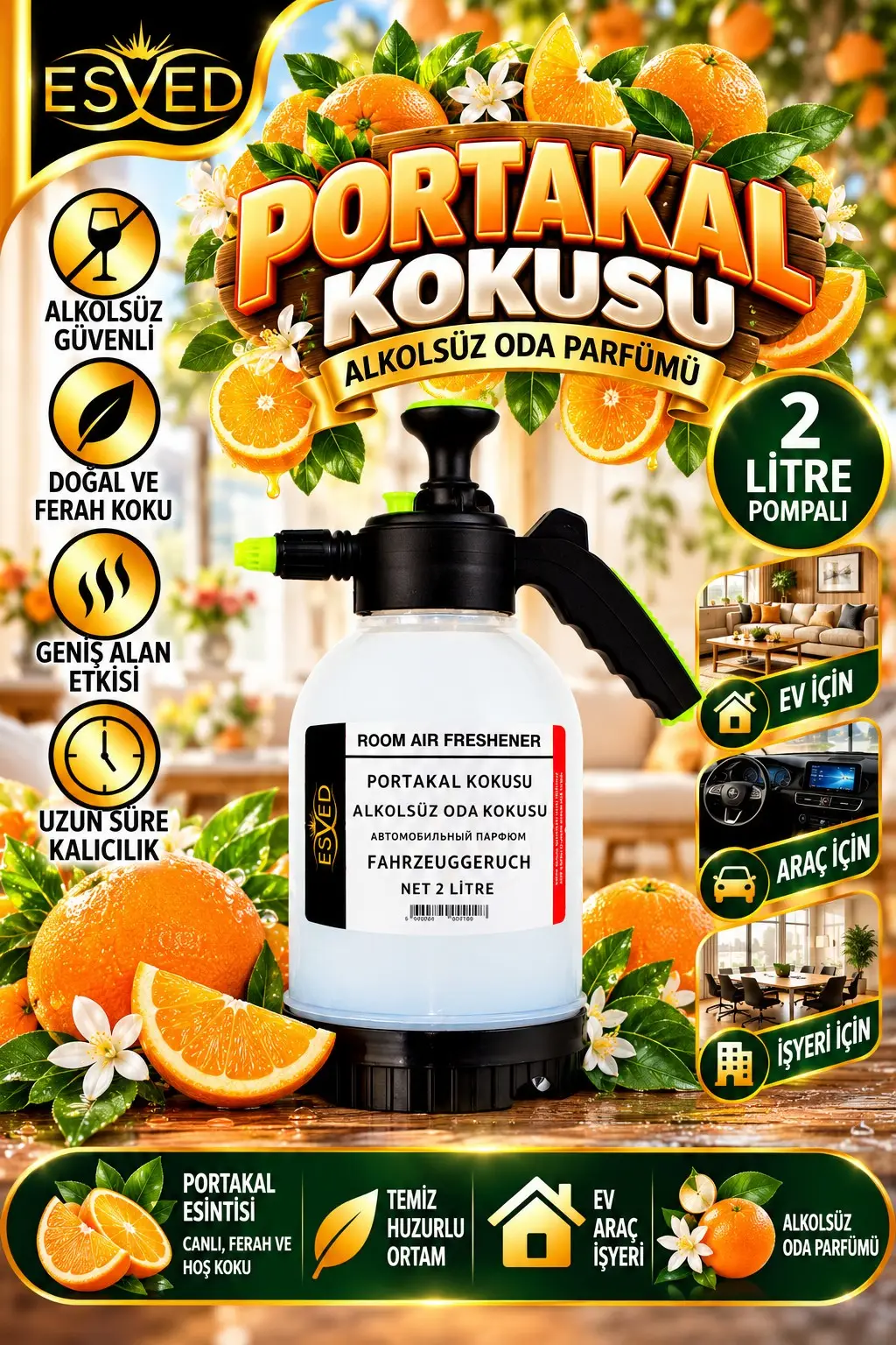 Portakal Kokusu Alkolsüz Oda Parfümü, 2 Litre Pompalı Ortam Kokusu Araç, Ev ve İşyeri Kokusu