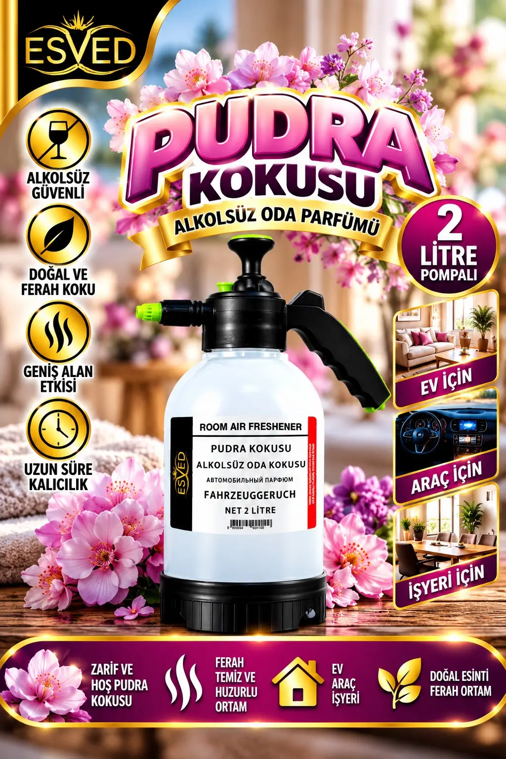 Pudra Kokusu Alkolsüz Oda Parfümü, 2 Litre Pompalı Ortam Kokusu Araç, Ev ve İşyeri Kokusu