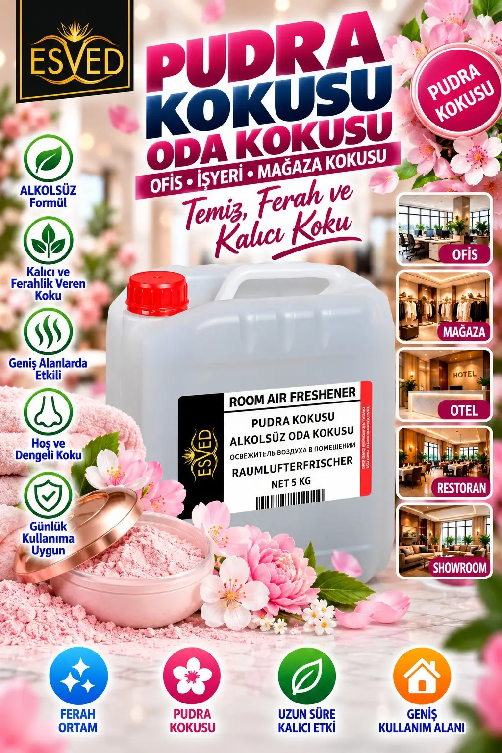 Pudra Kokusu Alkolsüz Ofis Ve işyeri Kokusu 5 Litre