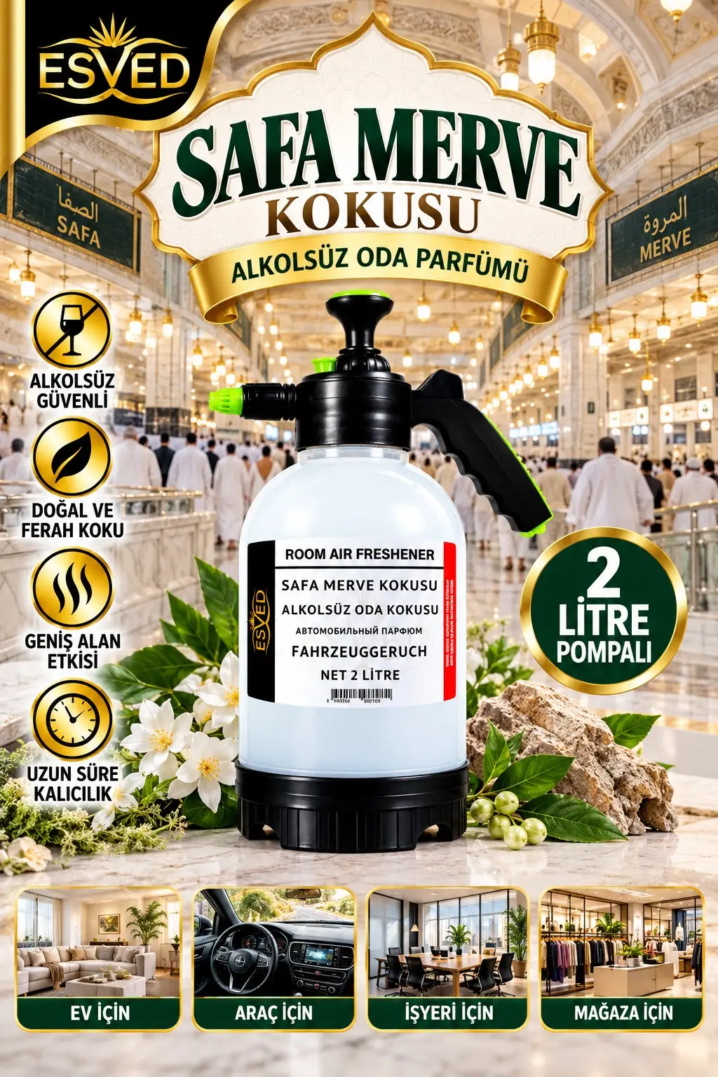 Safa Merve Kokusu Alkolsüz Oda Parfümü, 2 Litre Pompalı Ortam Kokusu Araç, Ev ve İşyeri Kokusu