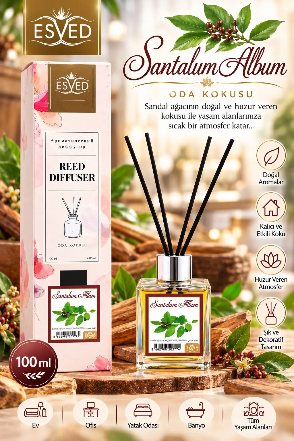 Sandal Ağacı Kokusu 100 Ml Çubuklu Oda Kokusu
